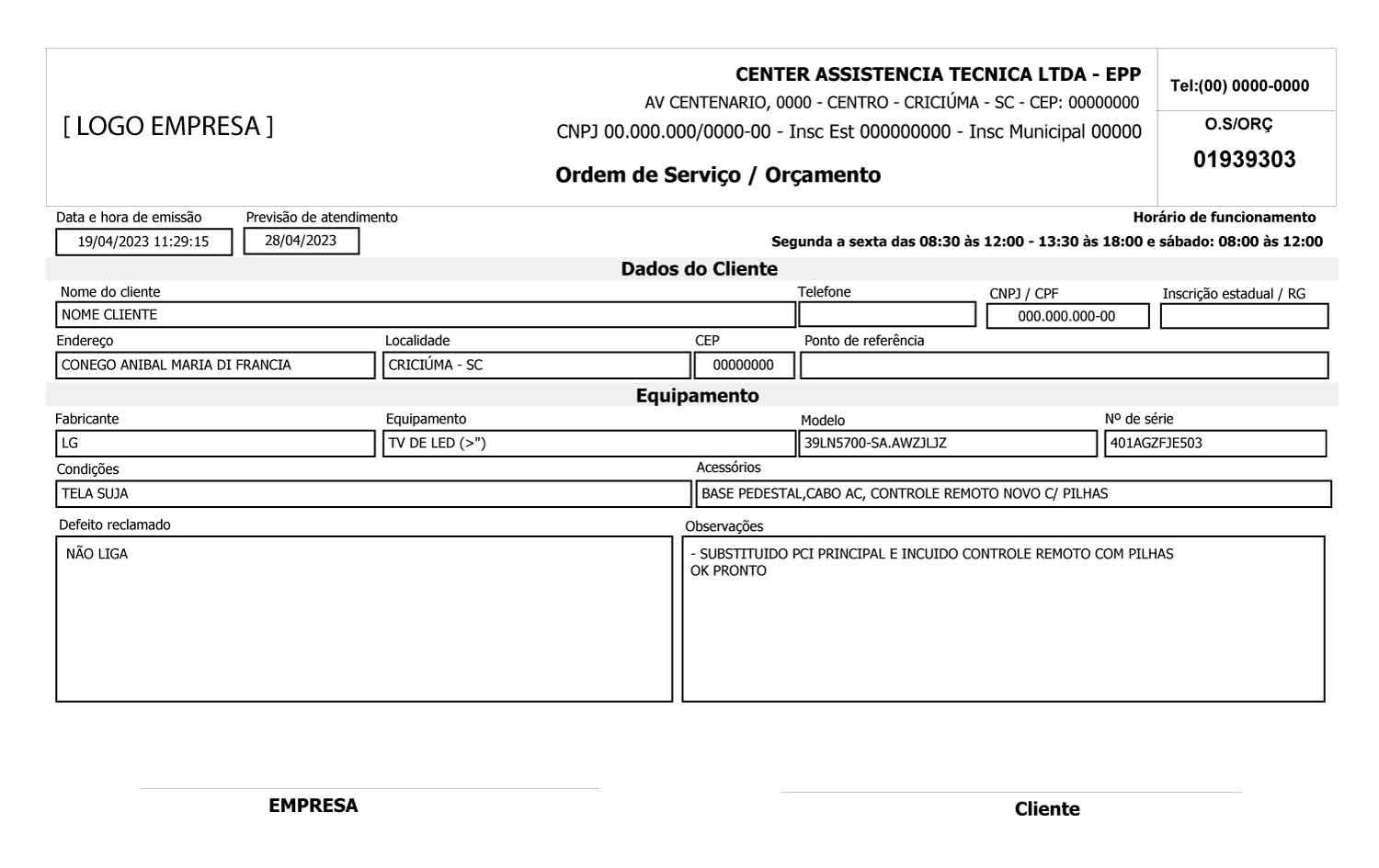ordem de serviço assistência técnica manutenção