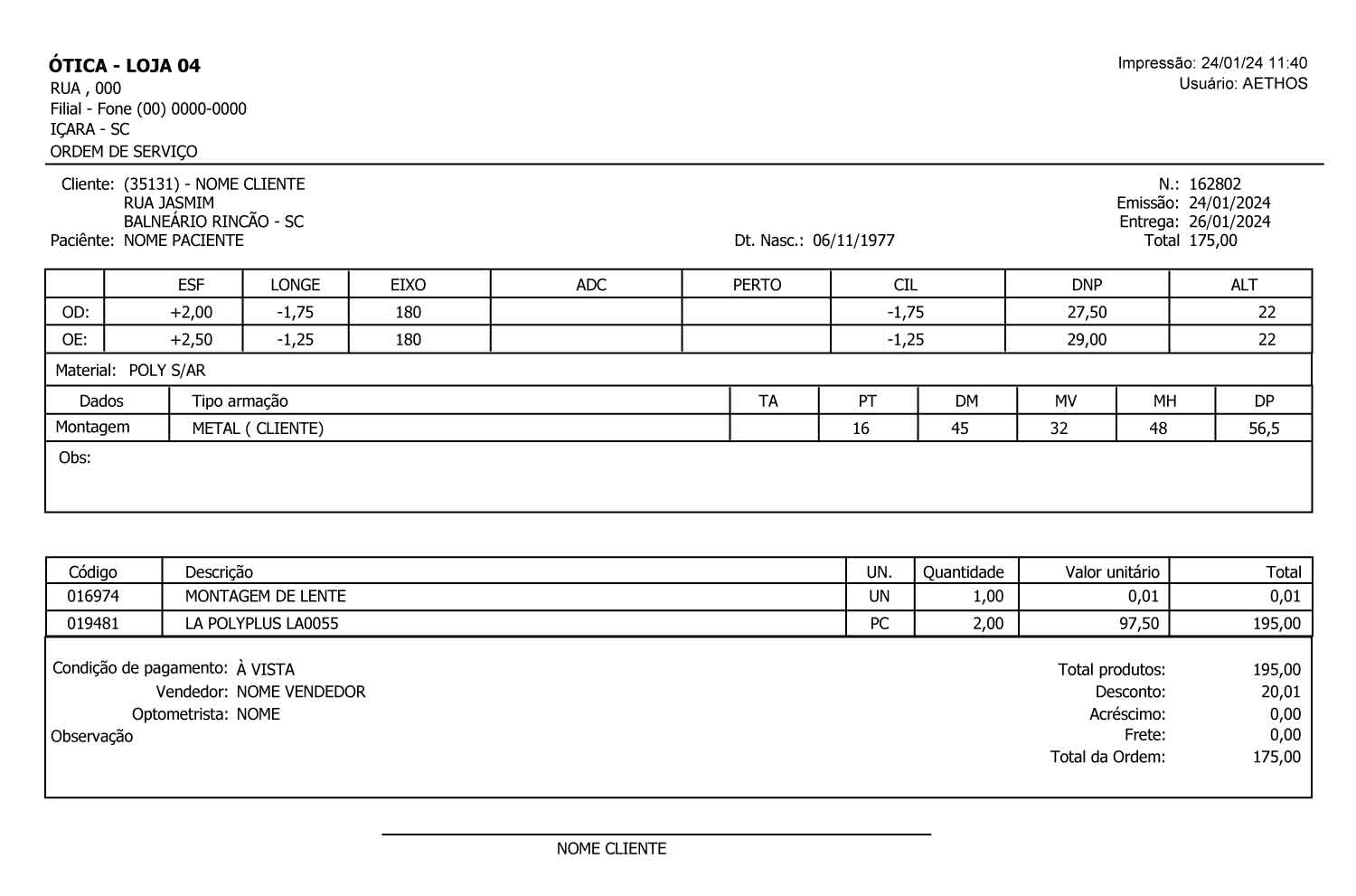 ordem de serviço exemplos: ótica